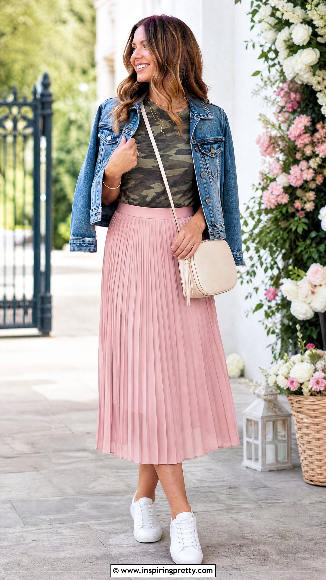 Camo Top With Pink Midi Skirt And White Sneakers - 50 camo top outfit ideas