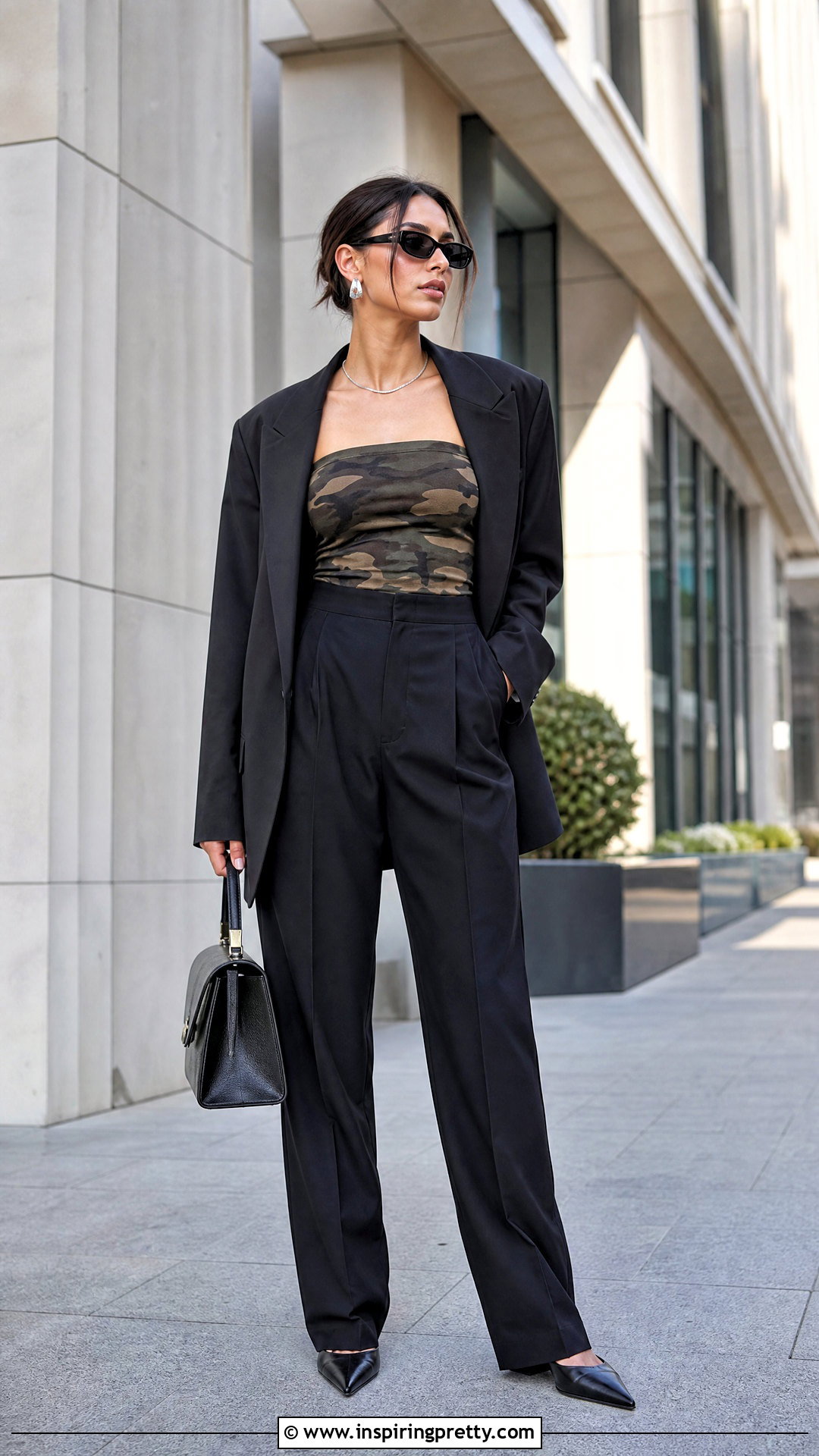 Camouflage Tube Top With Black Tailored Trousers - 25 Camouflage Tube Top outfit ideas