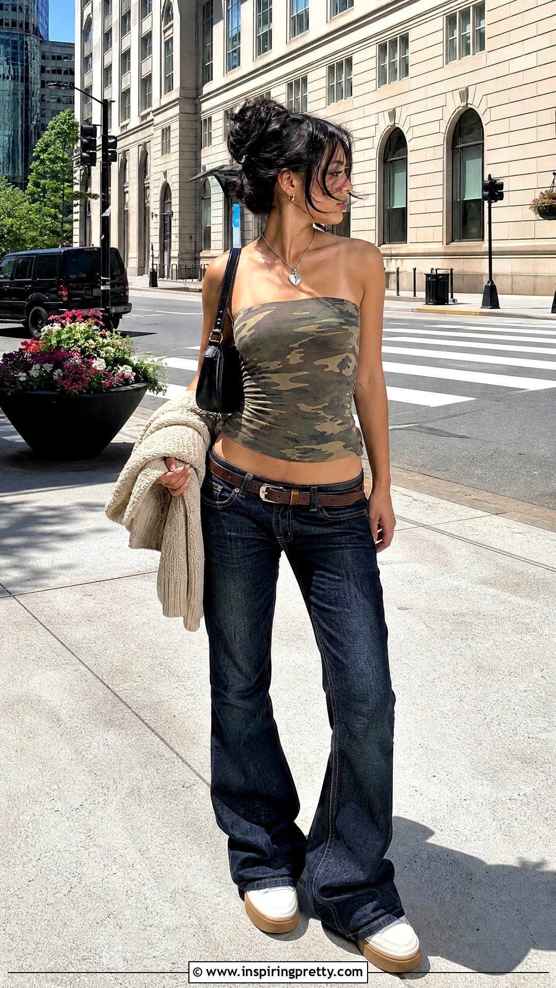 Camouflage Tube Top With Low Rise Flare Jeans - 25 Camouflage Tube Top outfit ideas