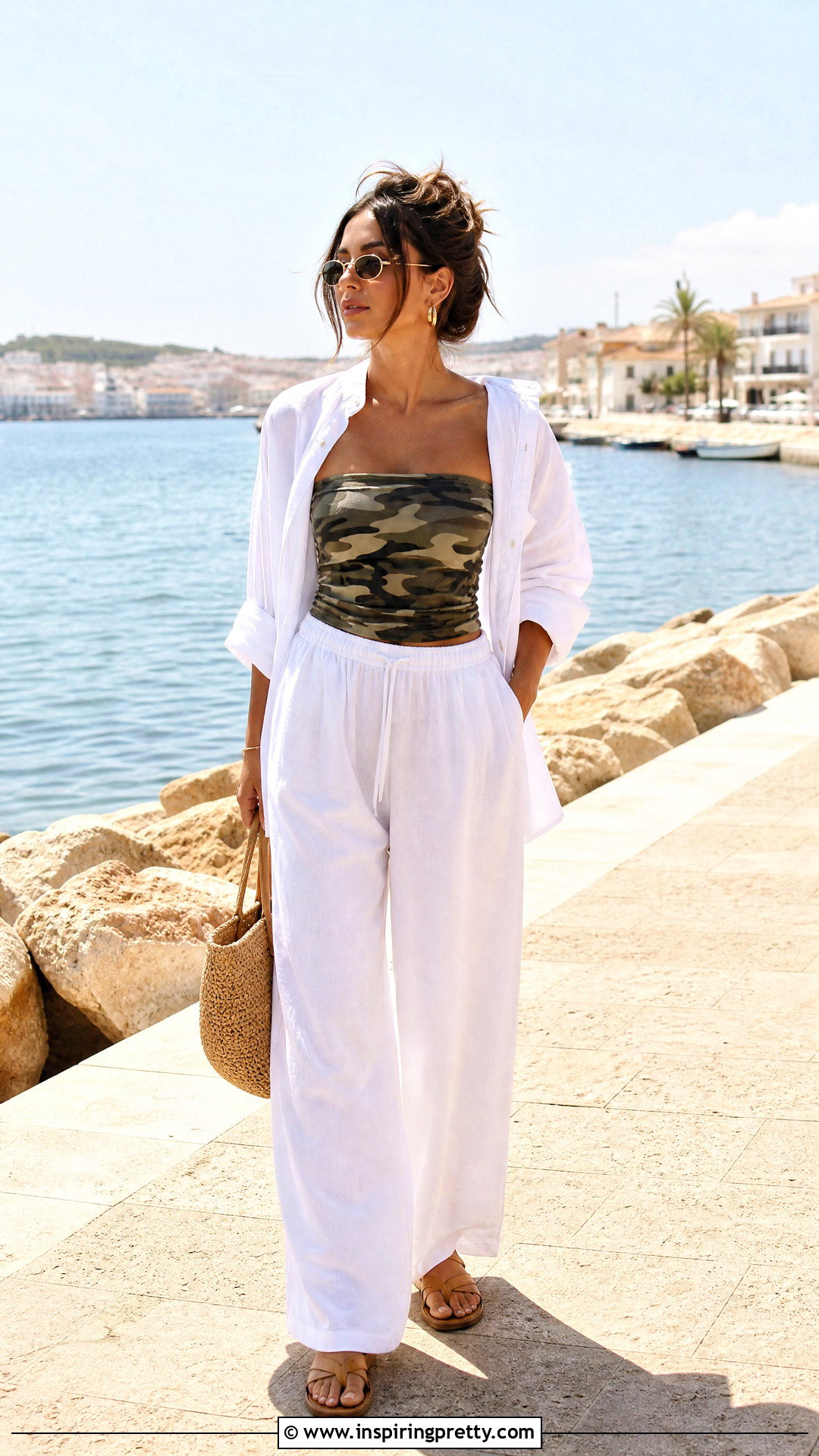 Camouflage Tube Top With White Linen Pants - 25 Camouflage Tube Top outfit ideas