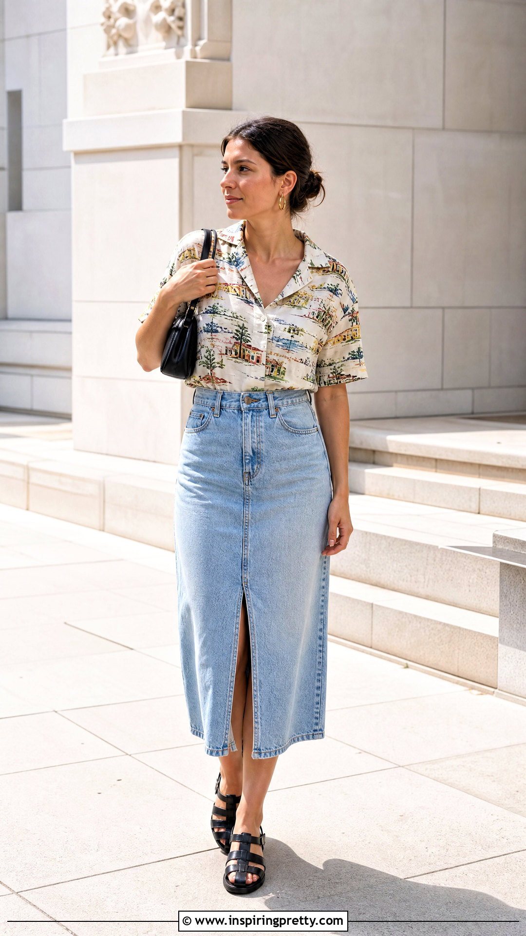Camp Collar Button Up Summer Top With Denim Midi Skirt - 20 Button-Up Summer Top outfit ideas