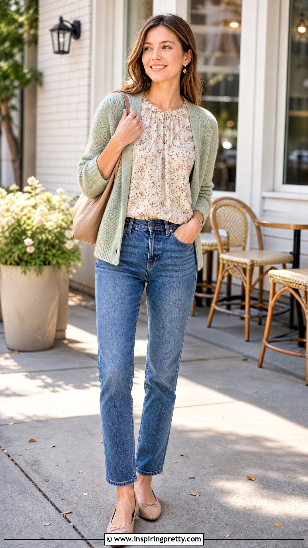 Cap Sleeve Floral Top With Cardigan And Jeans - 20 Cap Sleeve Floral Top outfit ideas