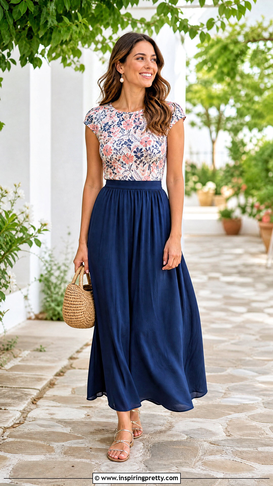 Cap Sleeve Floral Top With Flowing Maxi Skirt - 20 Cap Sleeve Floral Top outfit ideas