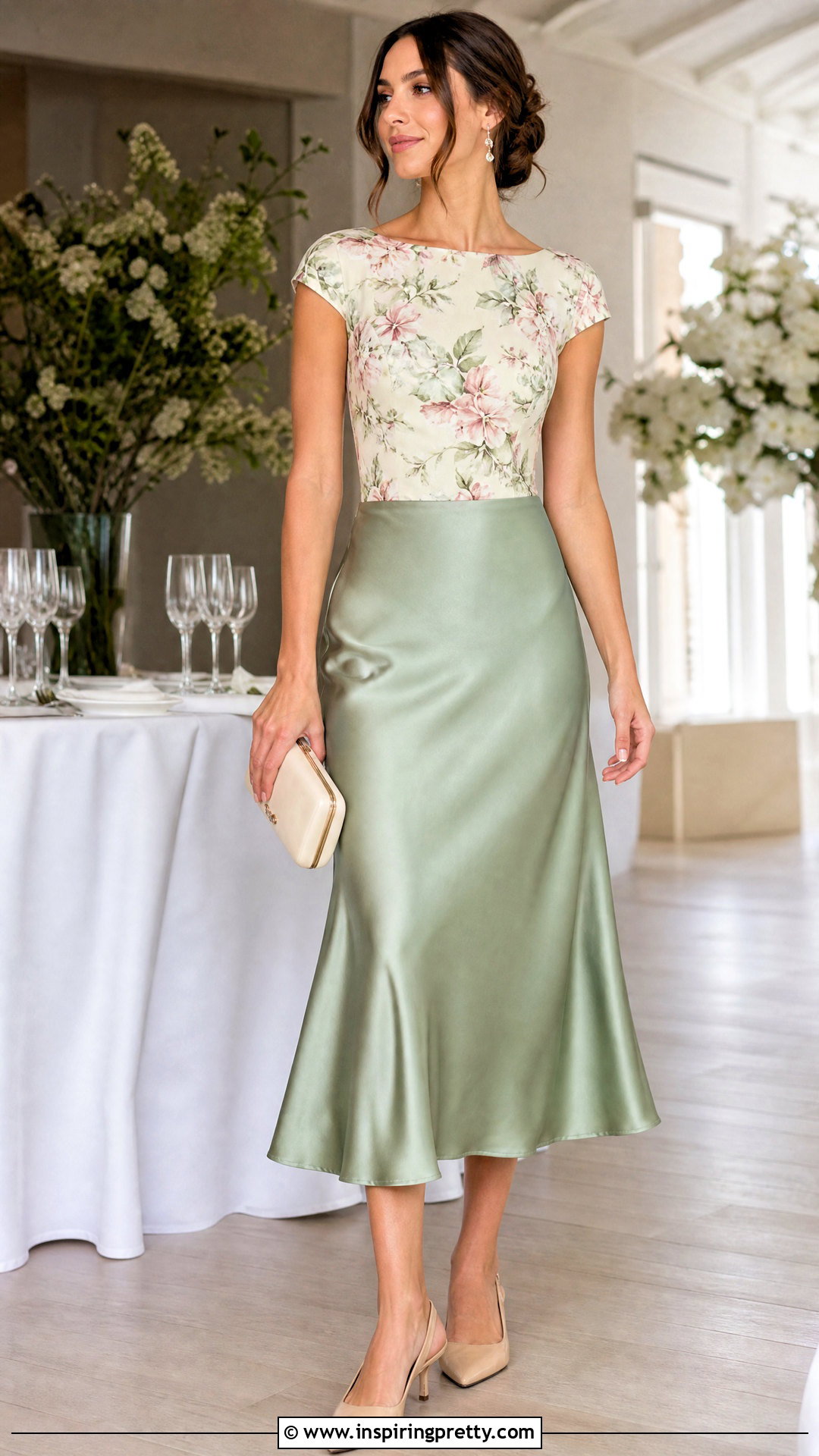 Cap Sleeve Floral Top With Satin Midi Skirt - 20 Cap Sleeve Floral Top outfit ideas