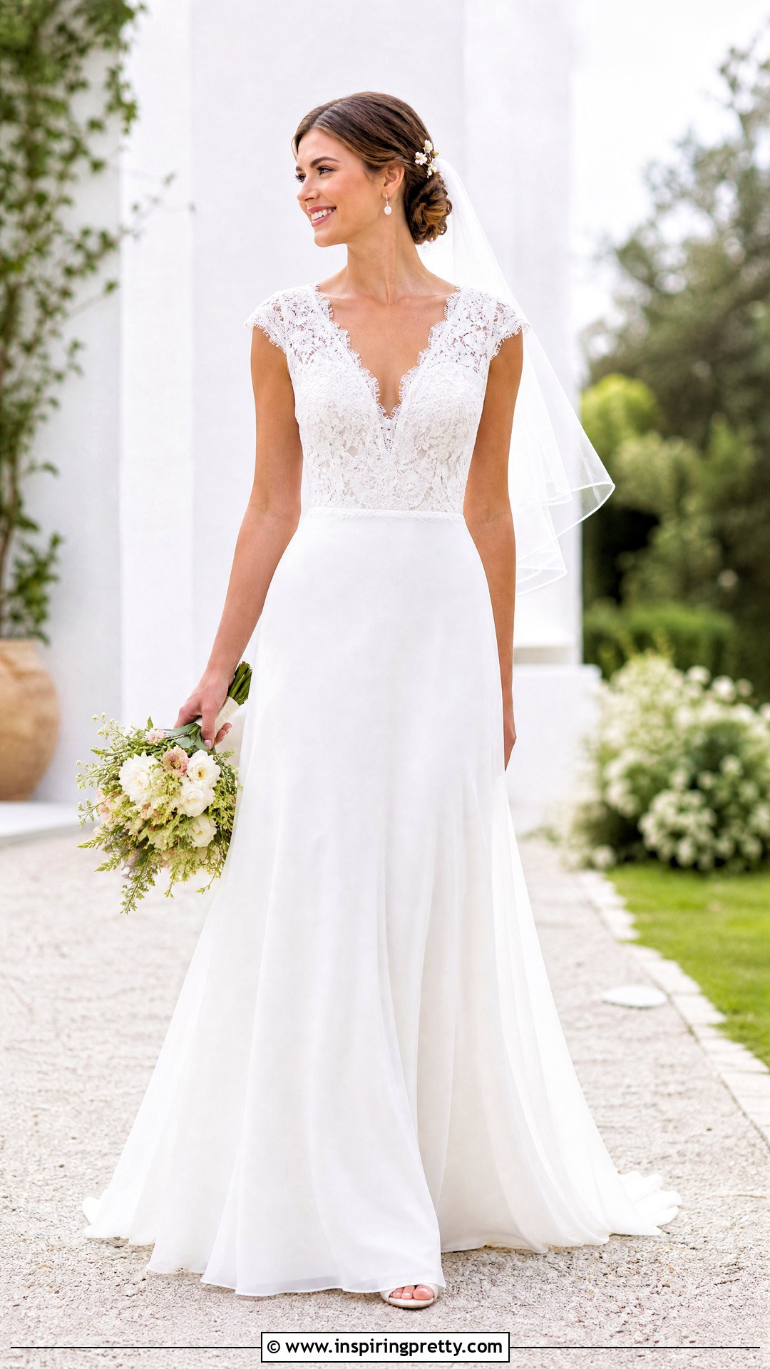 Cap Sleeve Lace Top Georgette Wedding Dress - 25 lace top flowy bottom wedding dress outfit ideas