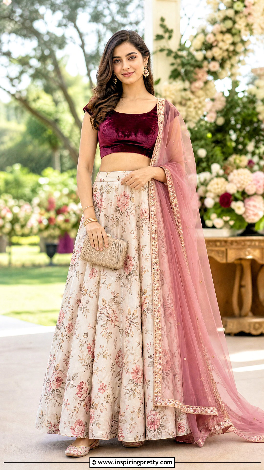 Cap Sleeve Velvet Crop Top With Printed Lehenga - 50 velvet crop top designs for lehengas