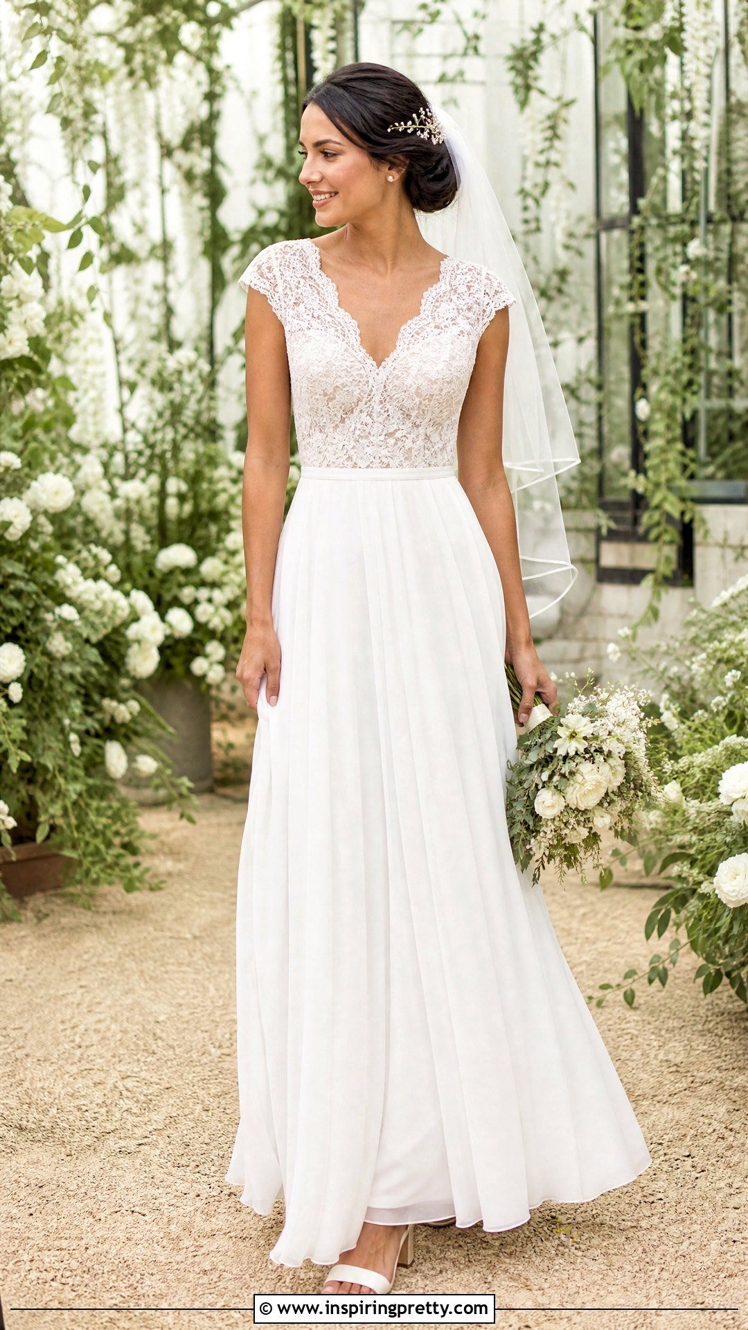Cap Sleeve Wedding Dress With Lace Top And Chiffon Skirt - 25 Wedding Dresses Lace Top Plain Skirts