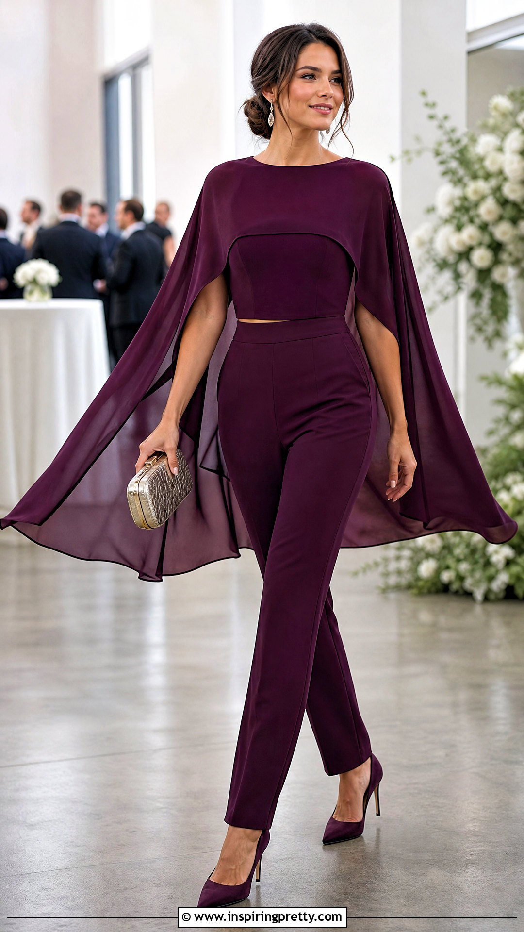 Cape Crop Top And Straight Leg Pants Wedding Outfit - 25 crop top pants wedding ideas