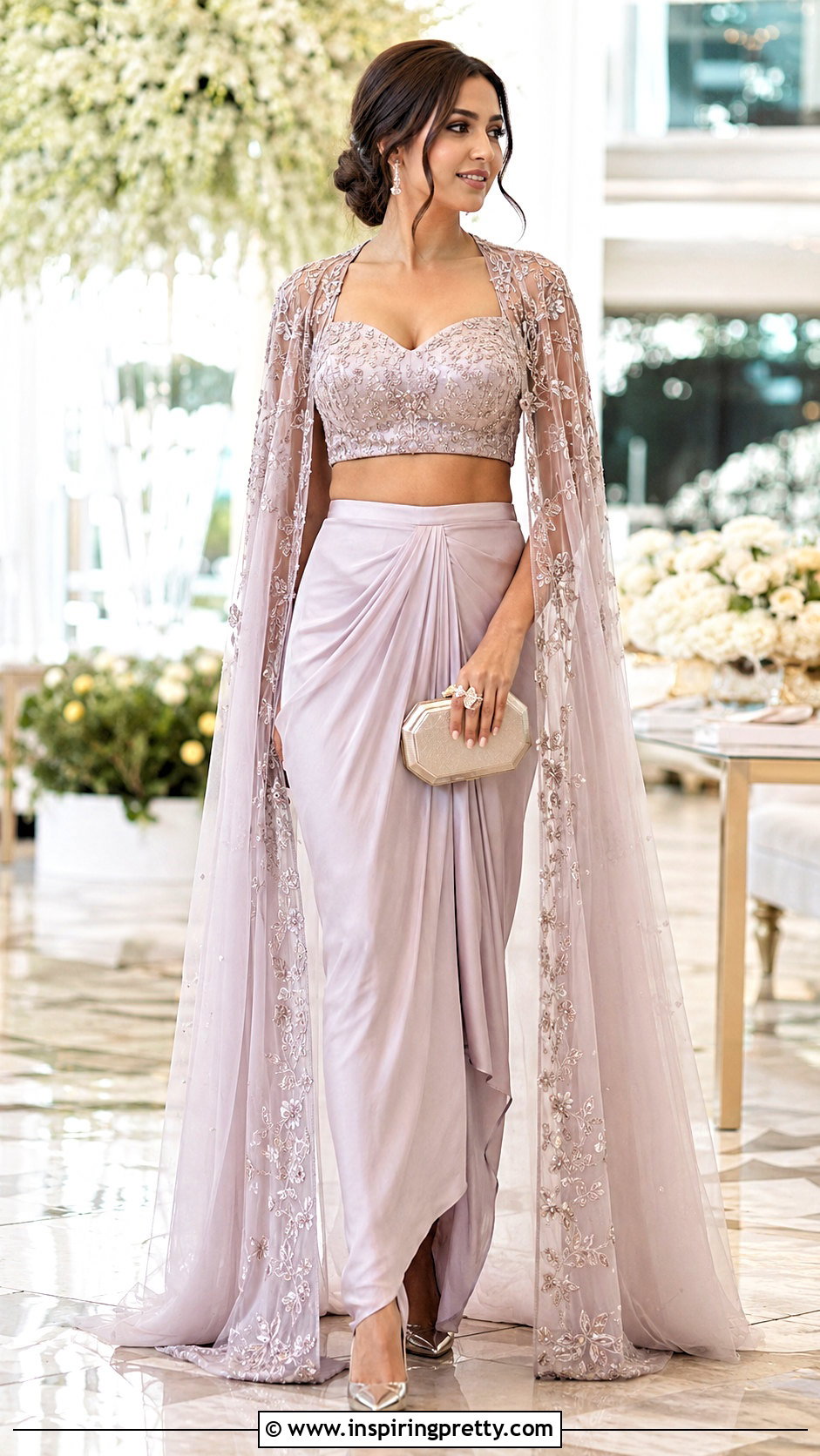 Cape Crop Top Blouse With Minimal Lehenga - 20 Crop Top Blouse Designs For Lehanga Outfit Ideas