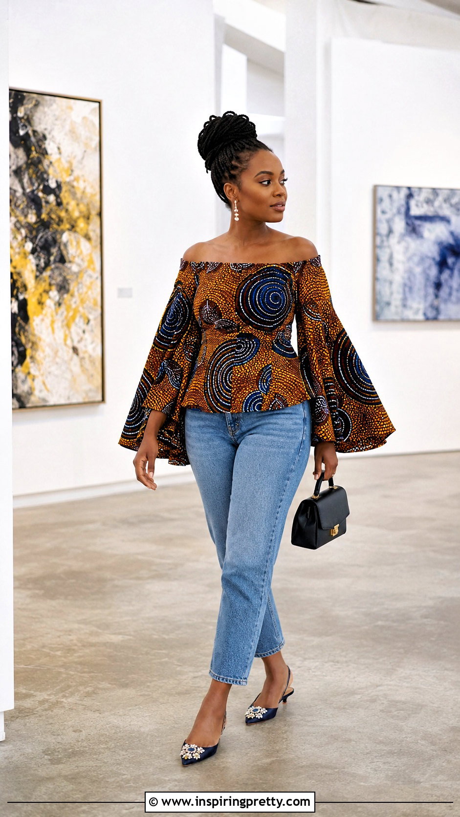 Cape Sleeve Ankara Off Shoulder Top With Cropped Jeans - 20 ankara tops with jeans off shoulder outfits