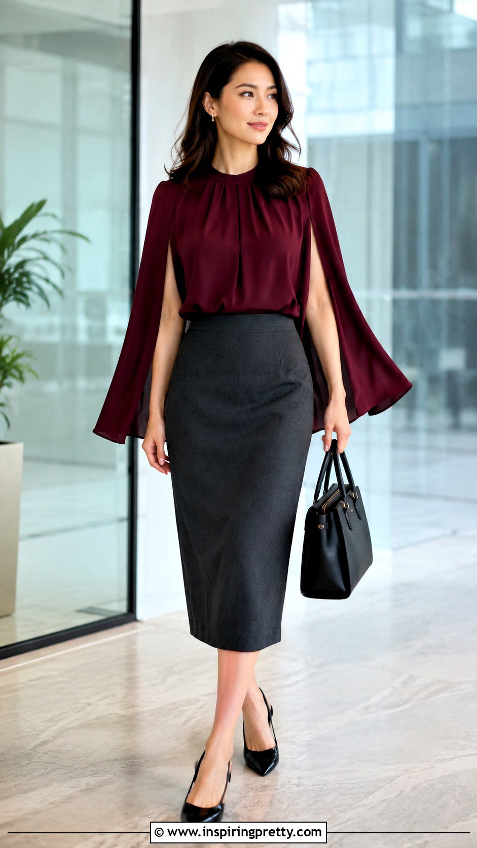 Cape Sleeve Blouse With Straight Skirt - 20 dressy tops for work outfit ideas