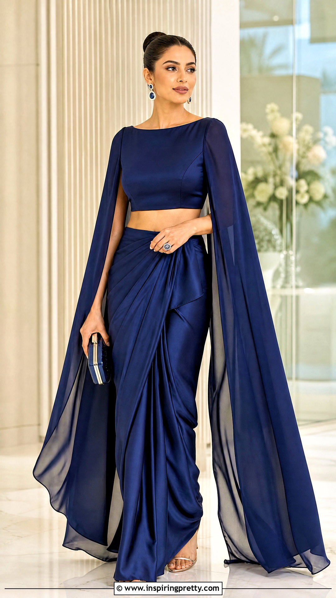 Cape Sleeve Boat Neck Crop Top Blouse With Satin Saree - 20 Crop Top Blouse Designs Latest Boat Necks