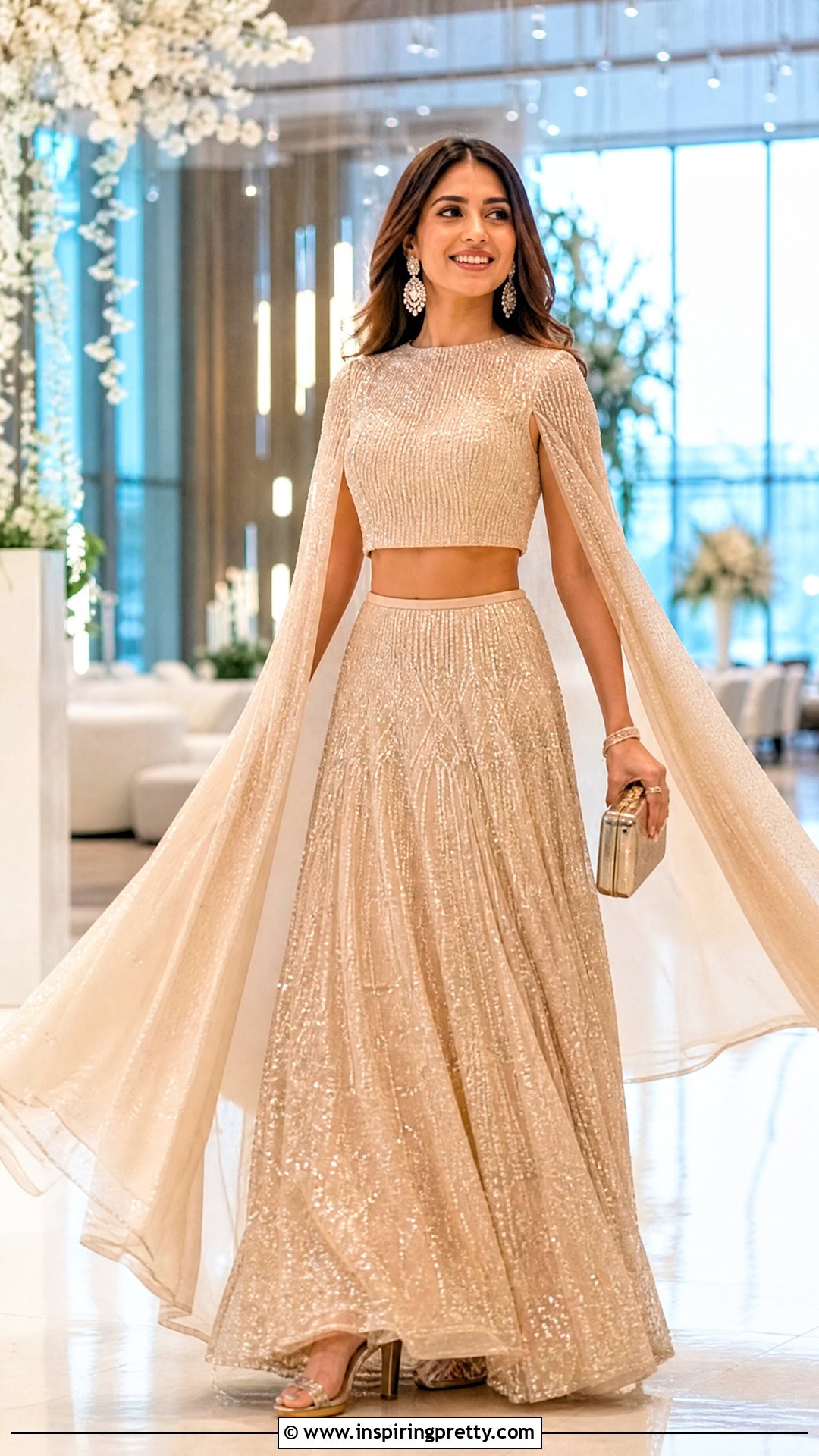Cape Sleeve Crop Shirt With Sequin Lehenga Outfit - 25 shirt crop top lehenga outfit ideas