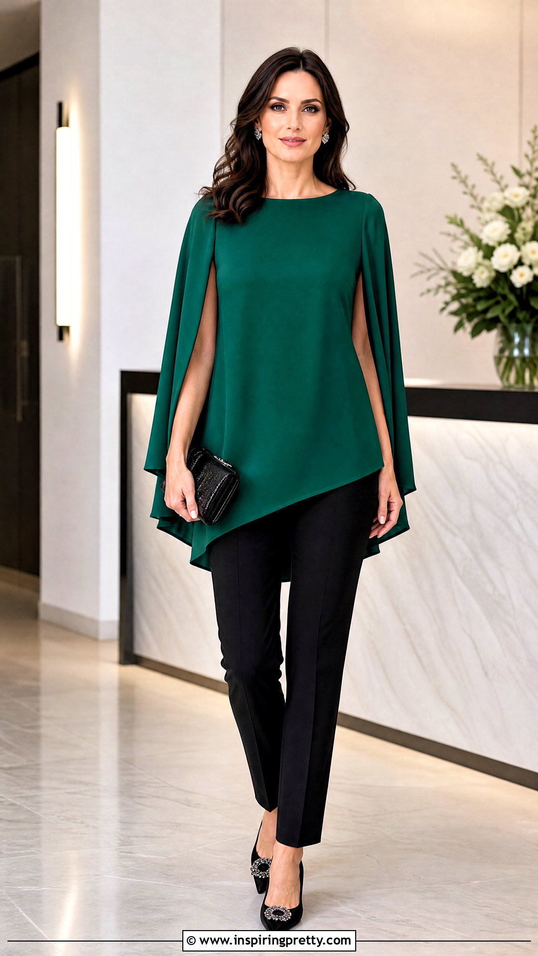 Cape Sleeve Evening Tunic Top With Slim Trousers - 20 evening tunic tops outfit ideas