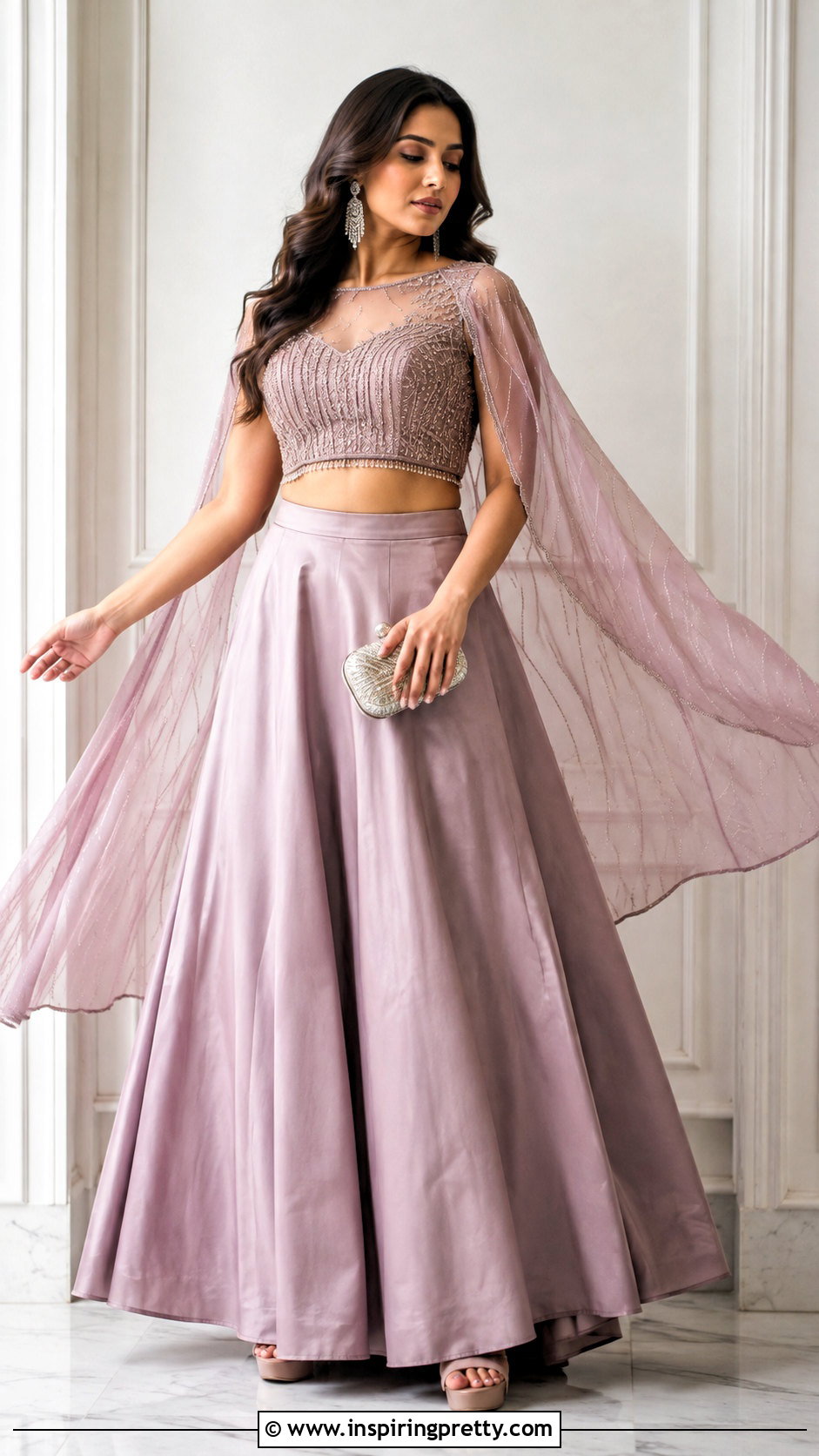 Cape Sleeve Lehenga Crop Top Outfit - 50 party wear lehenga crop tops outfit ideas