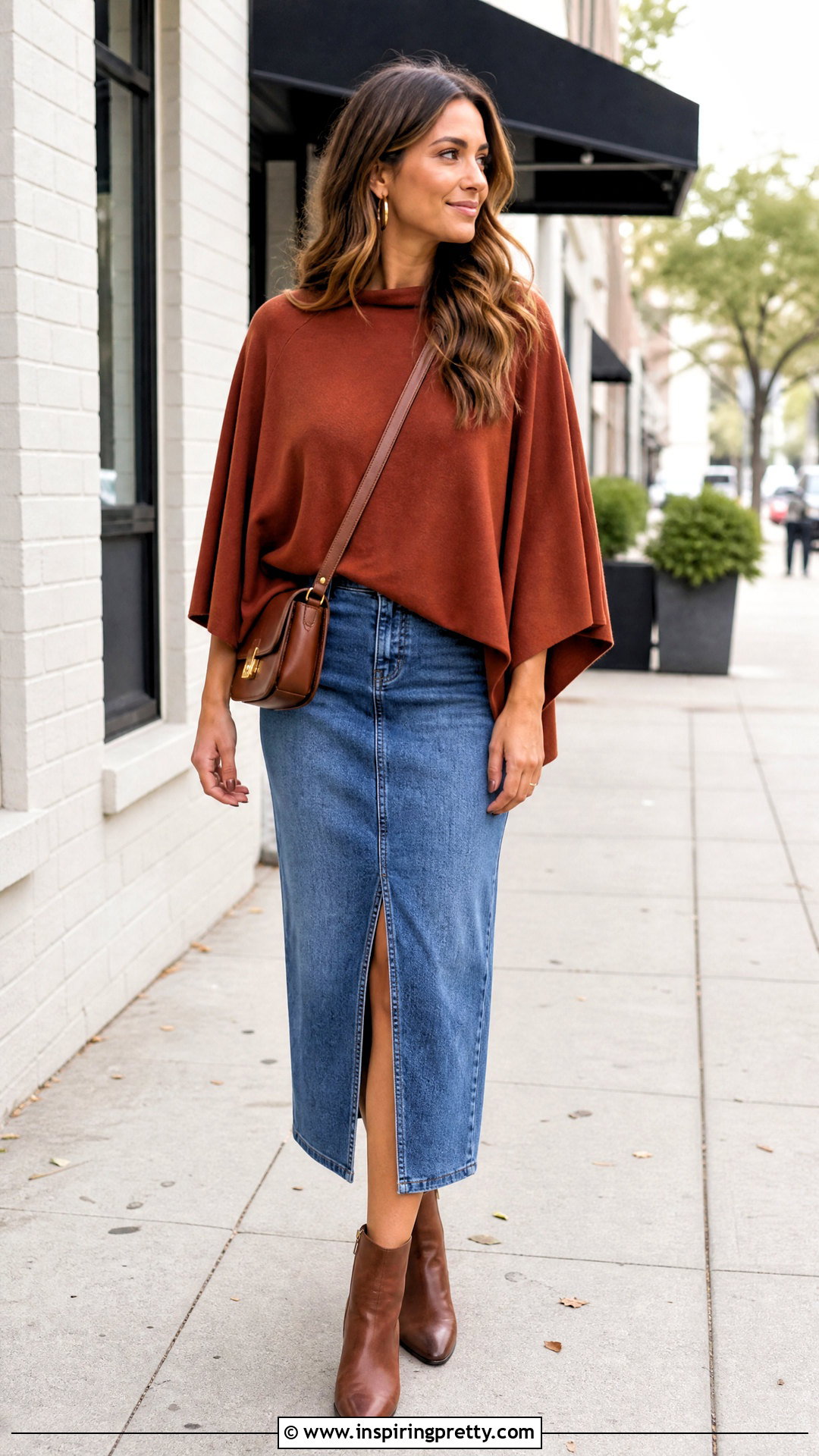 Cape Top With Denim Midi Skirt - 50 cape top outfits