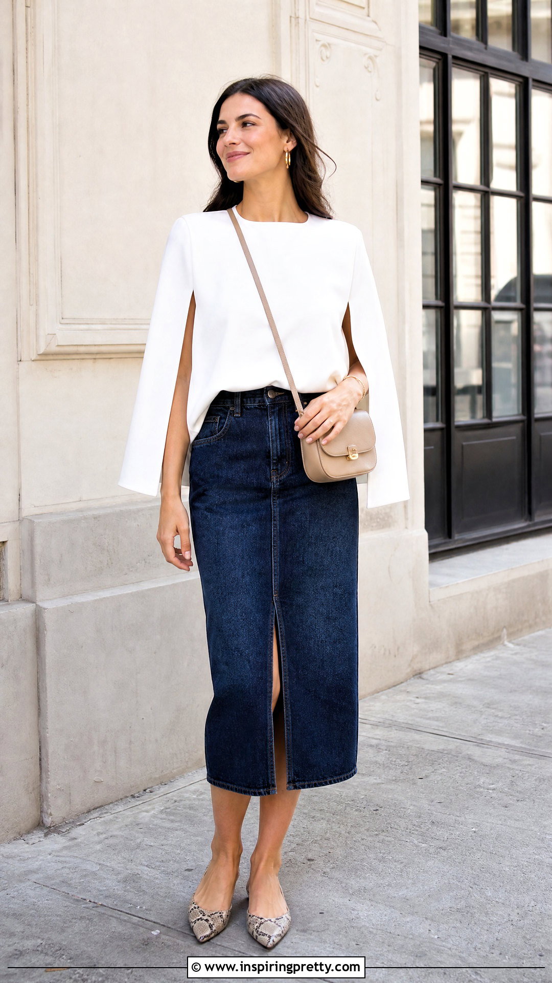 Cape Top With Denim Midi Skirt - 50 Cape Top outfit ideas