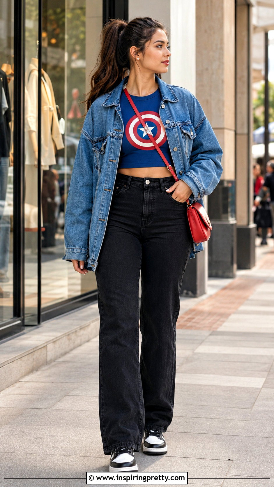 Captain America Crop Top With Denim Jacket And Black Jeans - 25 captain america crop top outfit ideas