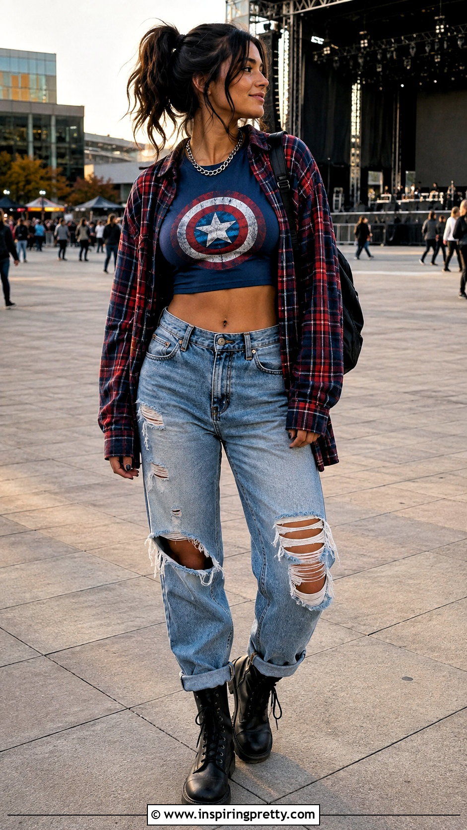 Captain America Crop Top With Flannel And Ripped Jeans - 25 captain america crop top outfit ideas