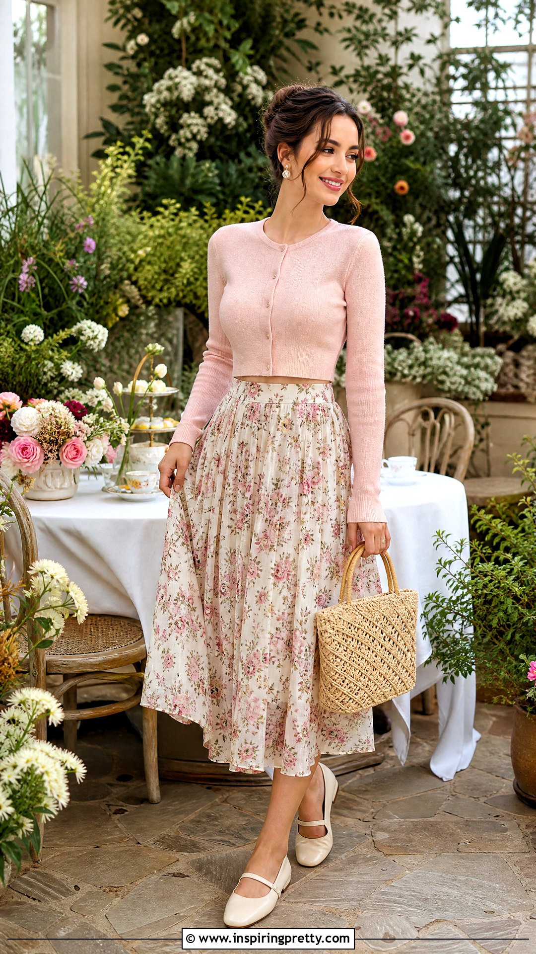 Cardigan And Floral Skirt Tea Party Outfit - 25 tea party top outfit ideas