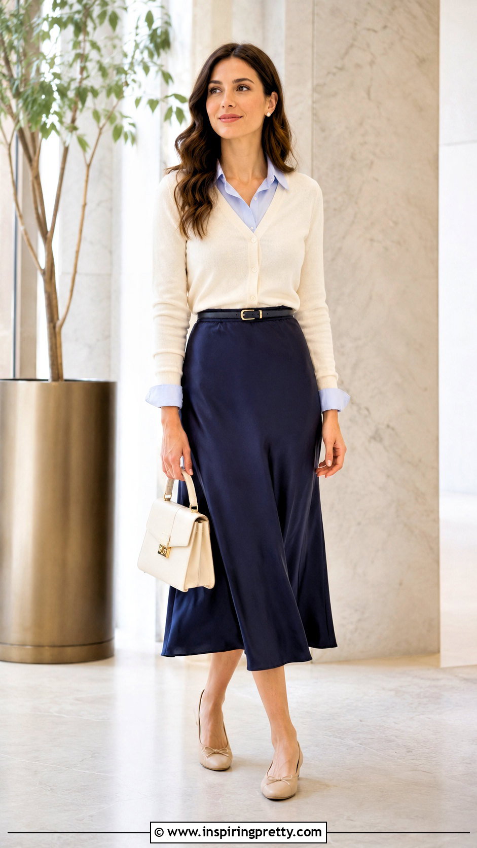 Cardigan Layering Top Over Button Down And Satin Skirt - 20 Layering Tops For Spring Ideas