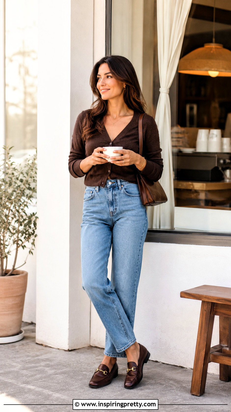 Cardigan Top And Vintage Jeans Coffee Cup Pose - 50 jeans top photoshoot poses