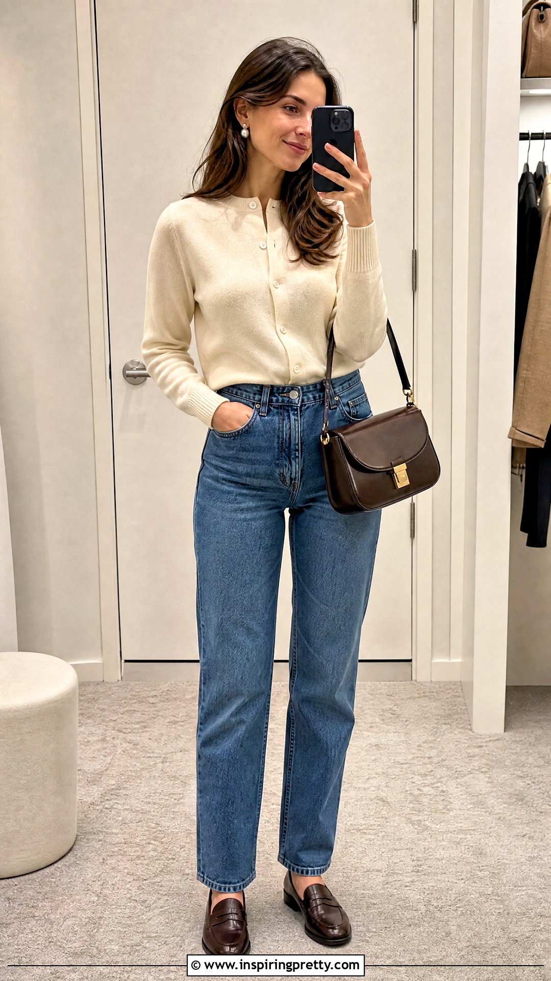 Cardigan Top With High Waisted Jeans - 50 classy tops outfit ideas