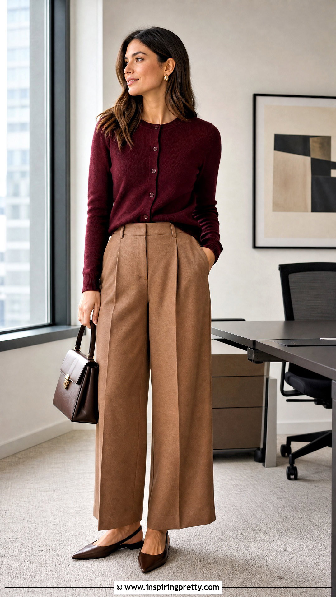 Cardigan Top With High Waisted Trousers - 50 office tops blouses work wear ideas