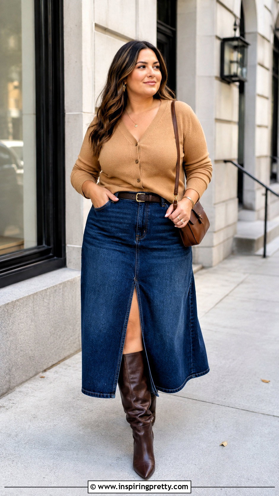 Cardigan With Denim Midi Skirt - 25 cardigan sweater top outfit ideas