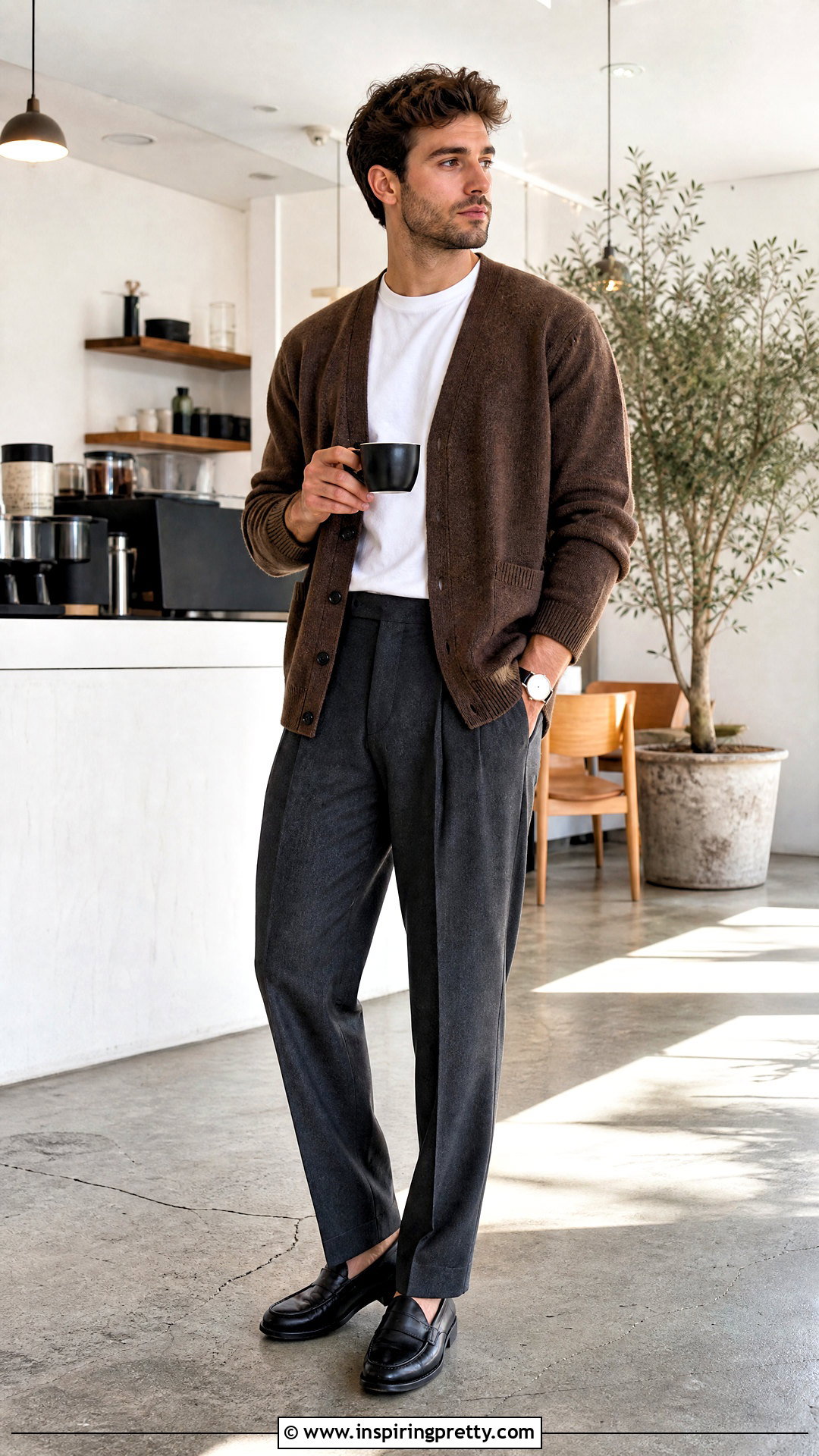 Cardigan With T Shirt And Trousers - 50 mens tops outfit ideas