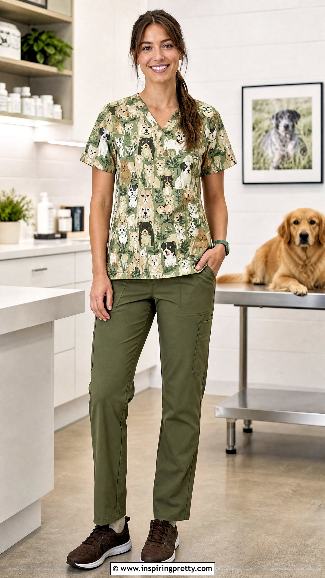 Cartoon Animal Character Scrub Top With Olive Pants - 20 character scrub tops outfit ideas