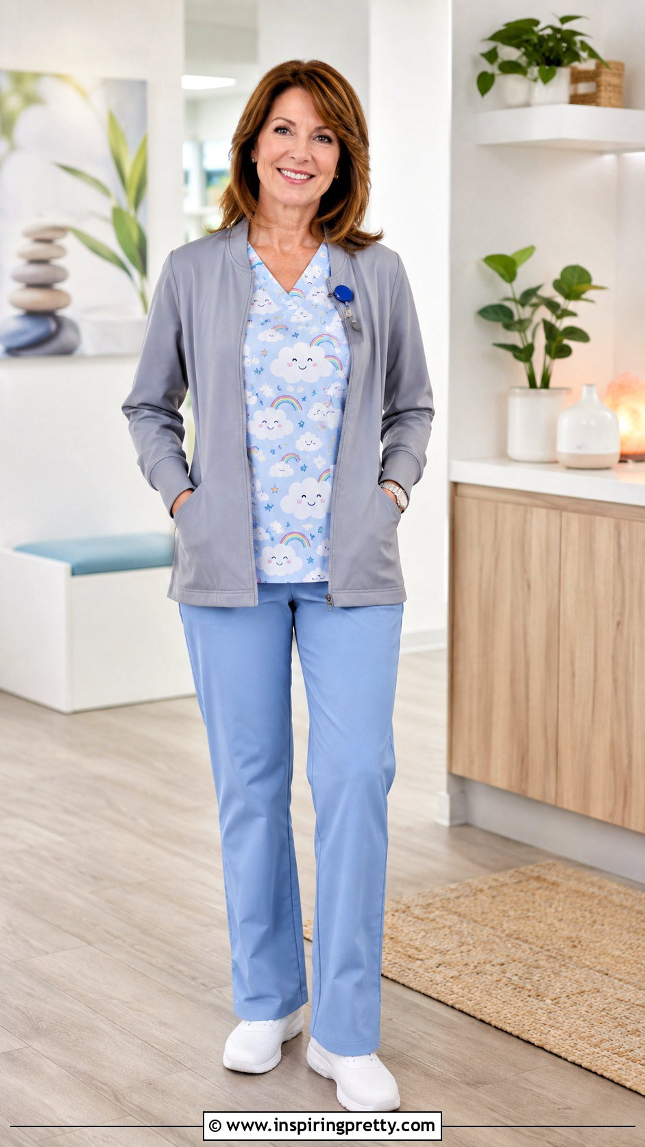 Cartoon Cloud Scrub Top With Light Blue Pants - 20 Cartoon Scrub Tops outfit ideas