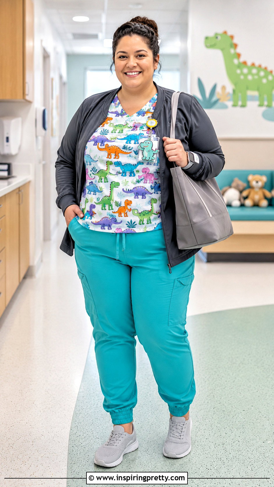 Cartoon Dinosaur Scrub Top With Teal Pants - 20 Cartoon Scrub Tops outfit ideas
