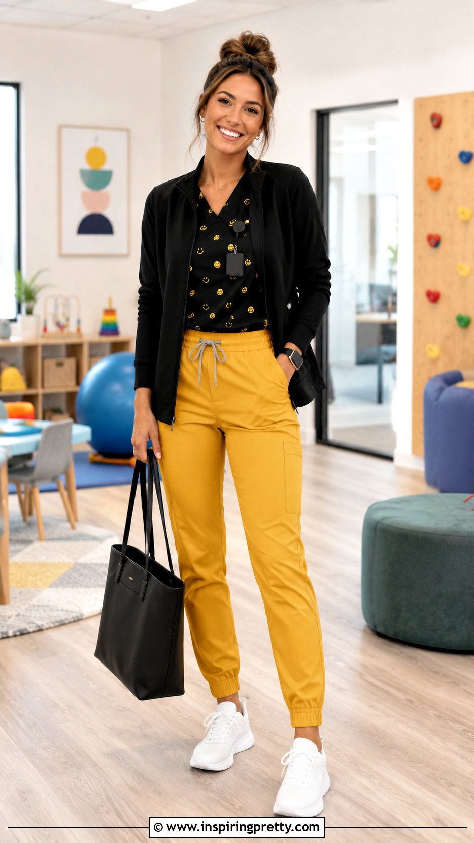 Cartoon Smiley Scrub Top With Yellow Pants - 20 Cartoon Scrub Tops outfit ideas