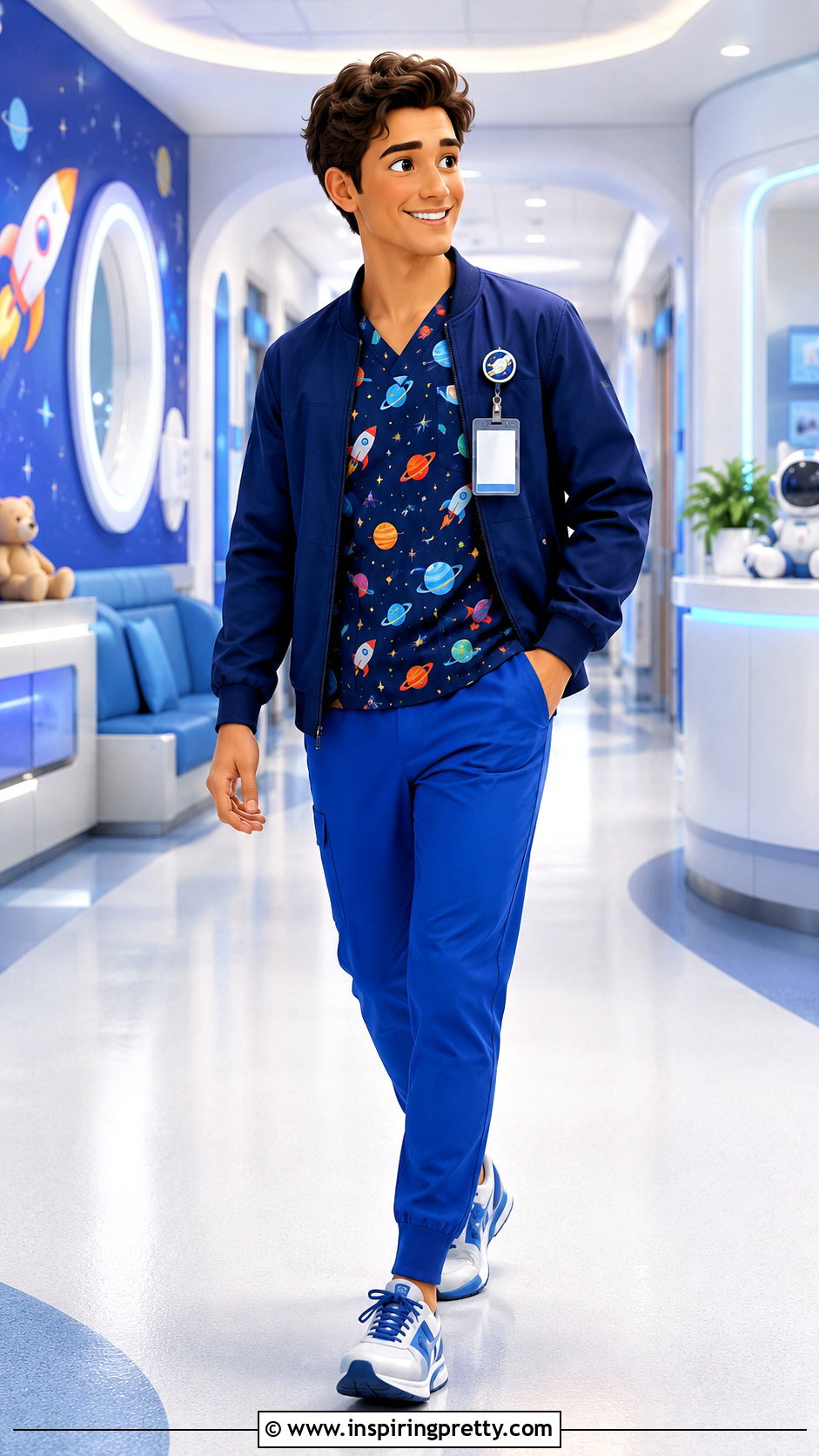 Cartoon Space Scrub Top With Royal Blue Pants - 20 Cartoon Scrub Tops outfit ideas