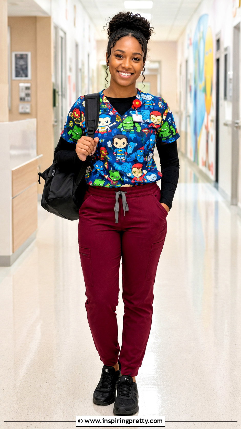 Cartoon Superhero Scrub Top With Red Pants - 20 Cartoon Scrub Tops outfit ideas