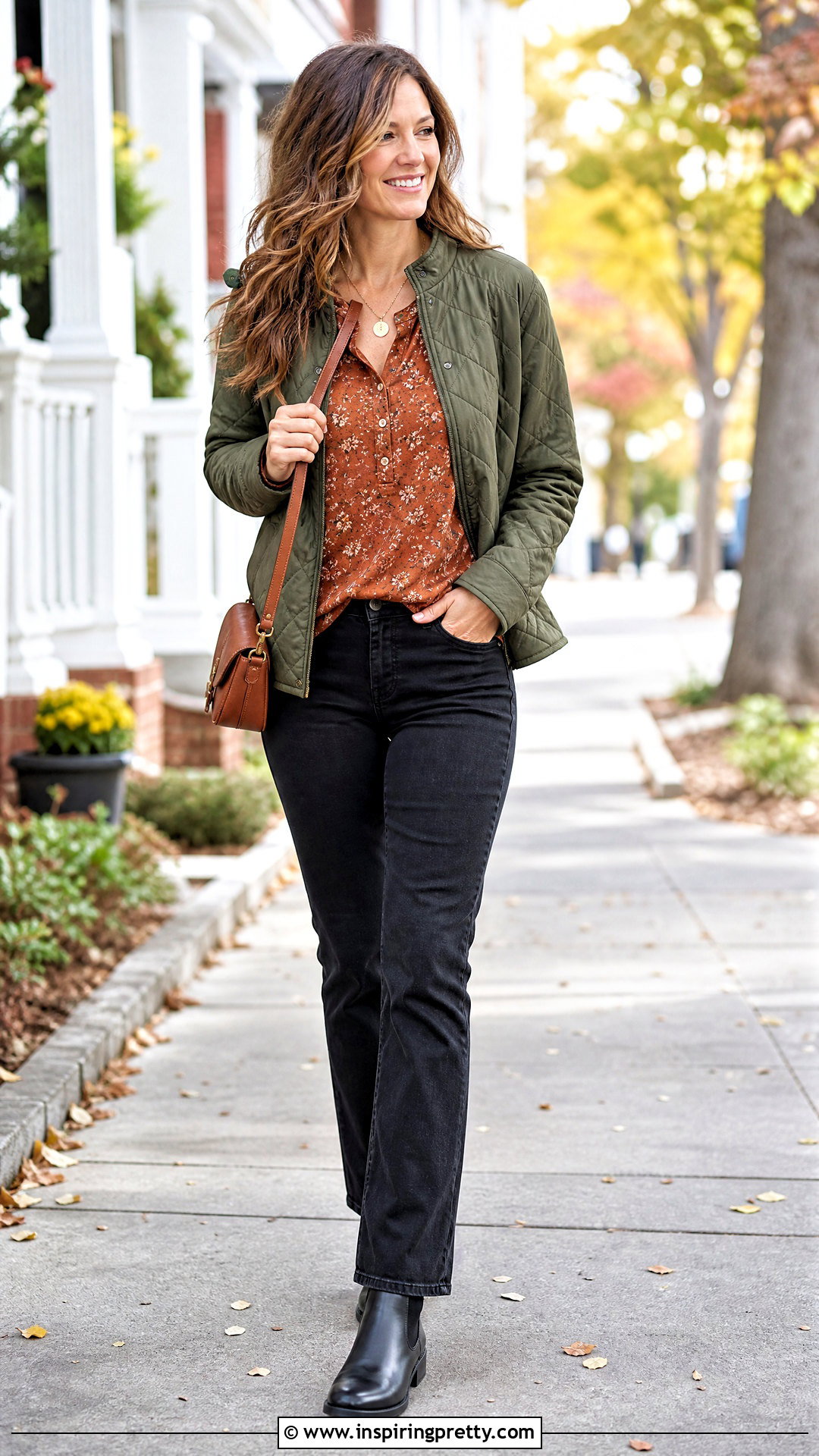Casual Autumn Floral Henley Top With Black Jeans - 20 Autumn Flower Tops outfit ideas