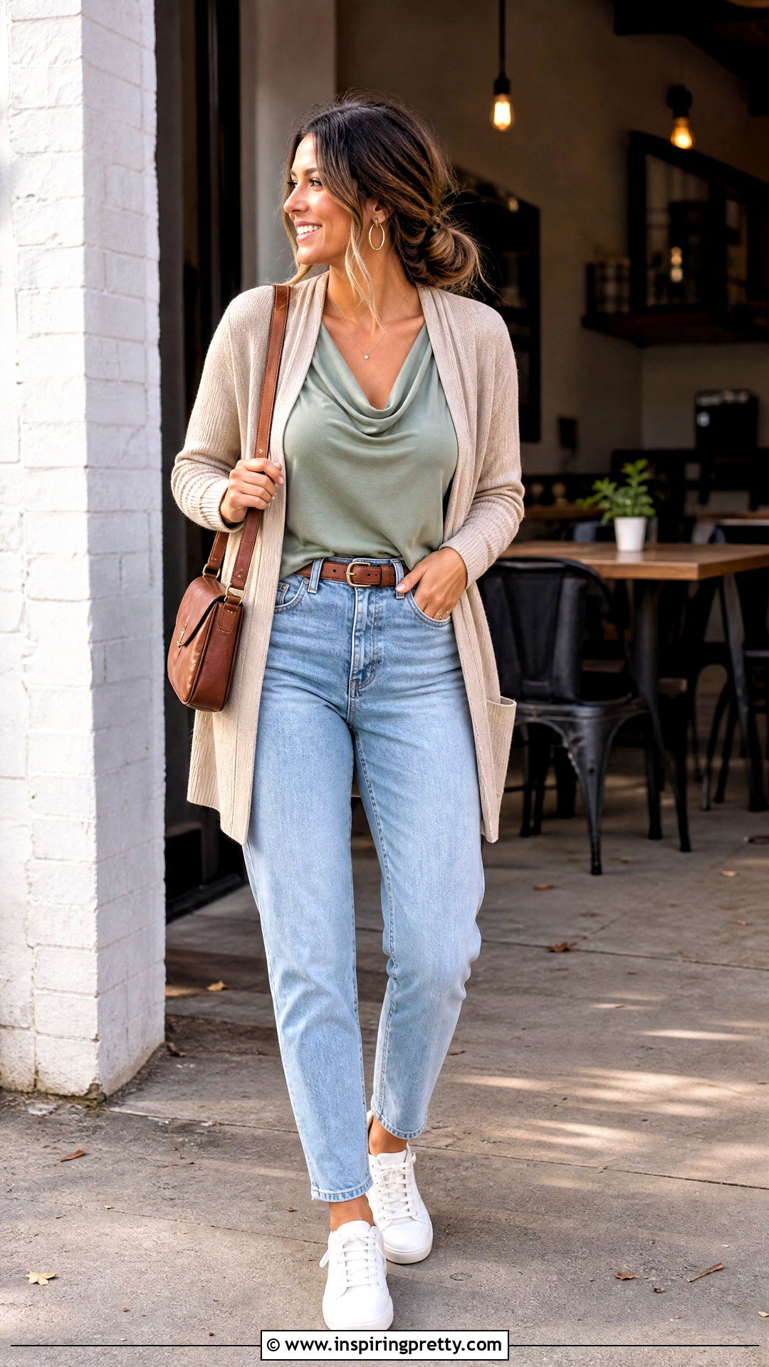 Casual Cowl Neck Top With Mom Jeans - 50 cowl neck top outfit ideas