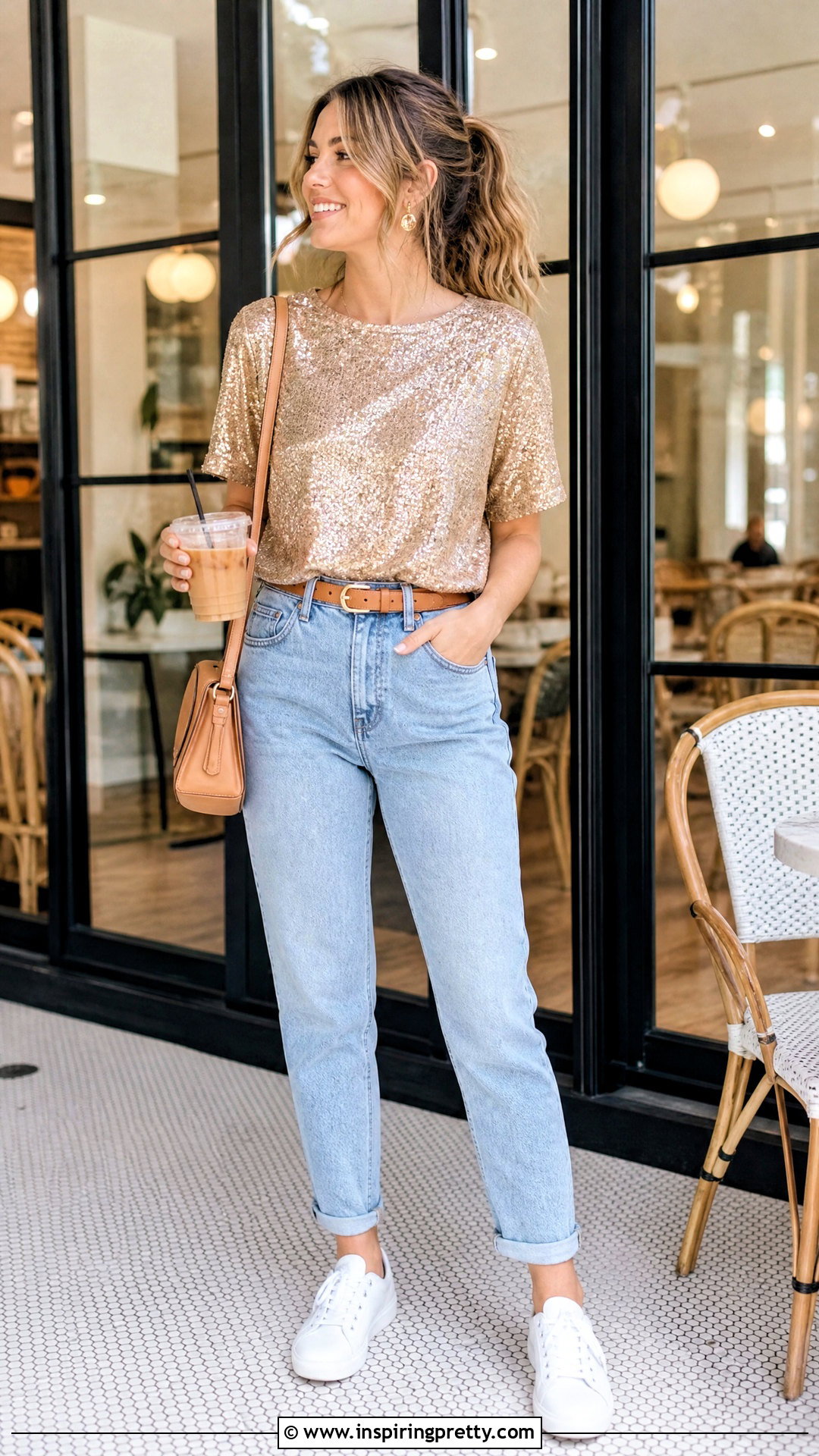 Casual Sequin Top With Mom Jeans - 50 Sequin Top outfit ideas
