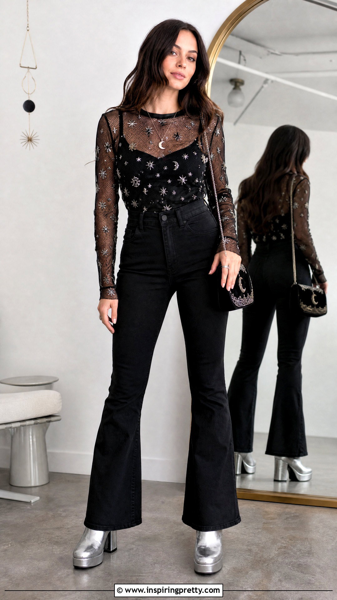 Celestial Mesh Top With Black Flare Pants - 20 Stevie Nicks Style Tops