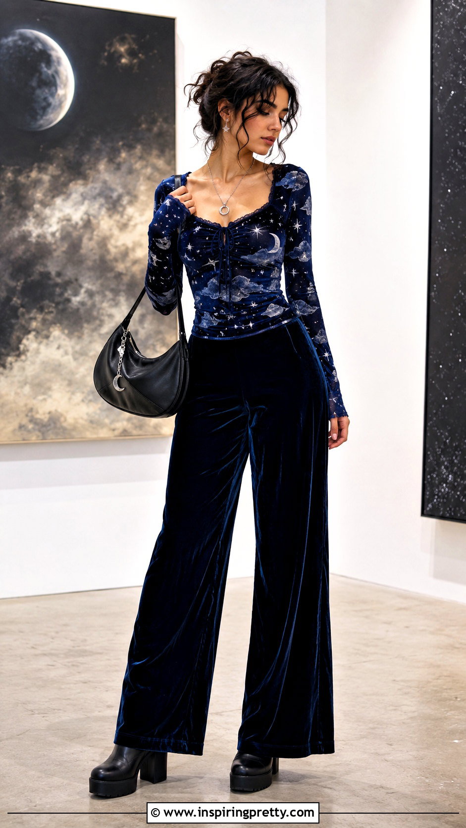 Celestial Print Top With Velvet Pants - 50 alt tops outfit ideas