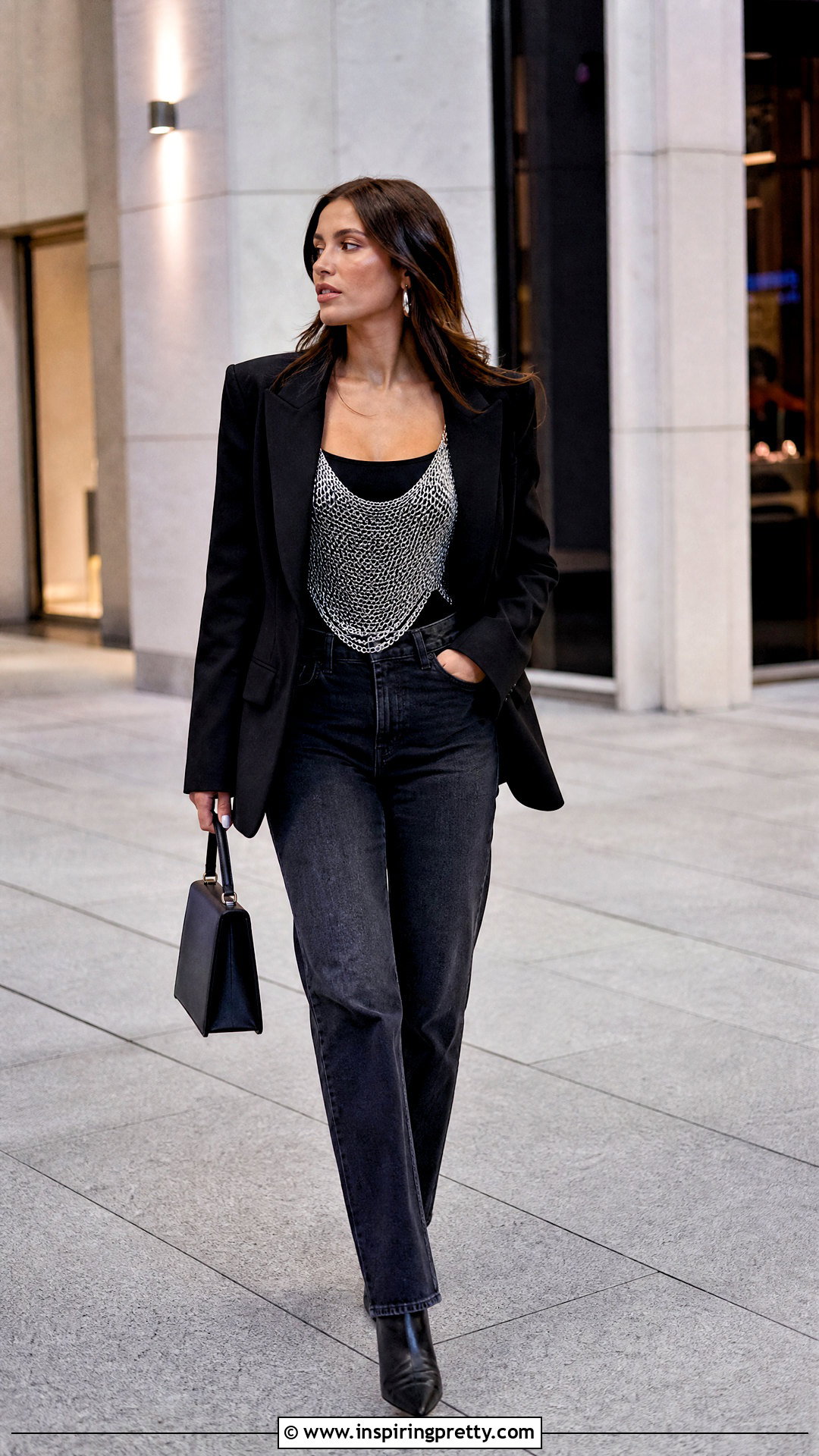 Chain Top With Blue Jeans And Blazer - 50 chain top outfit ideas