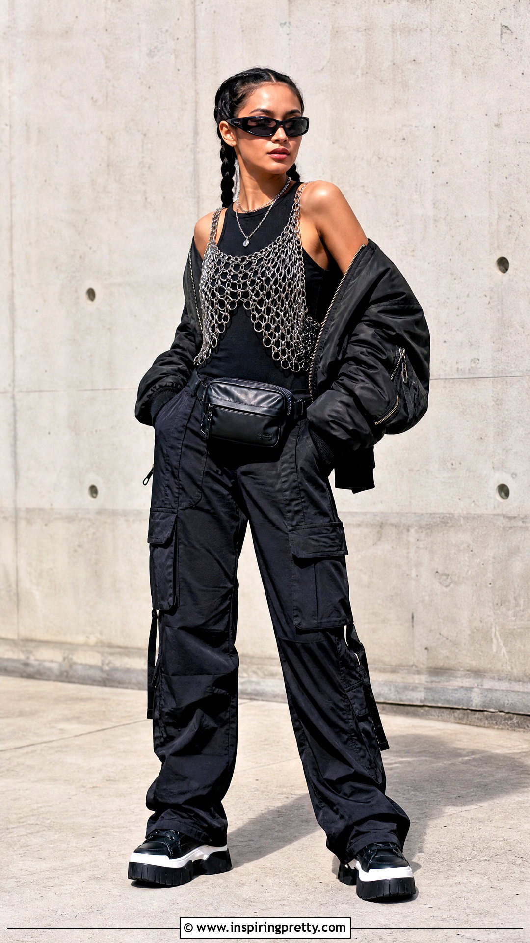 Chain Top With Bomber Jacket And Cargo Pants - 50 chain top outfit ideas