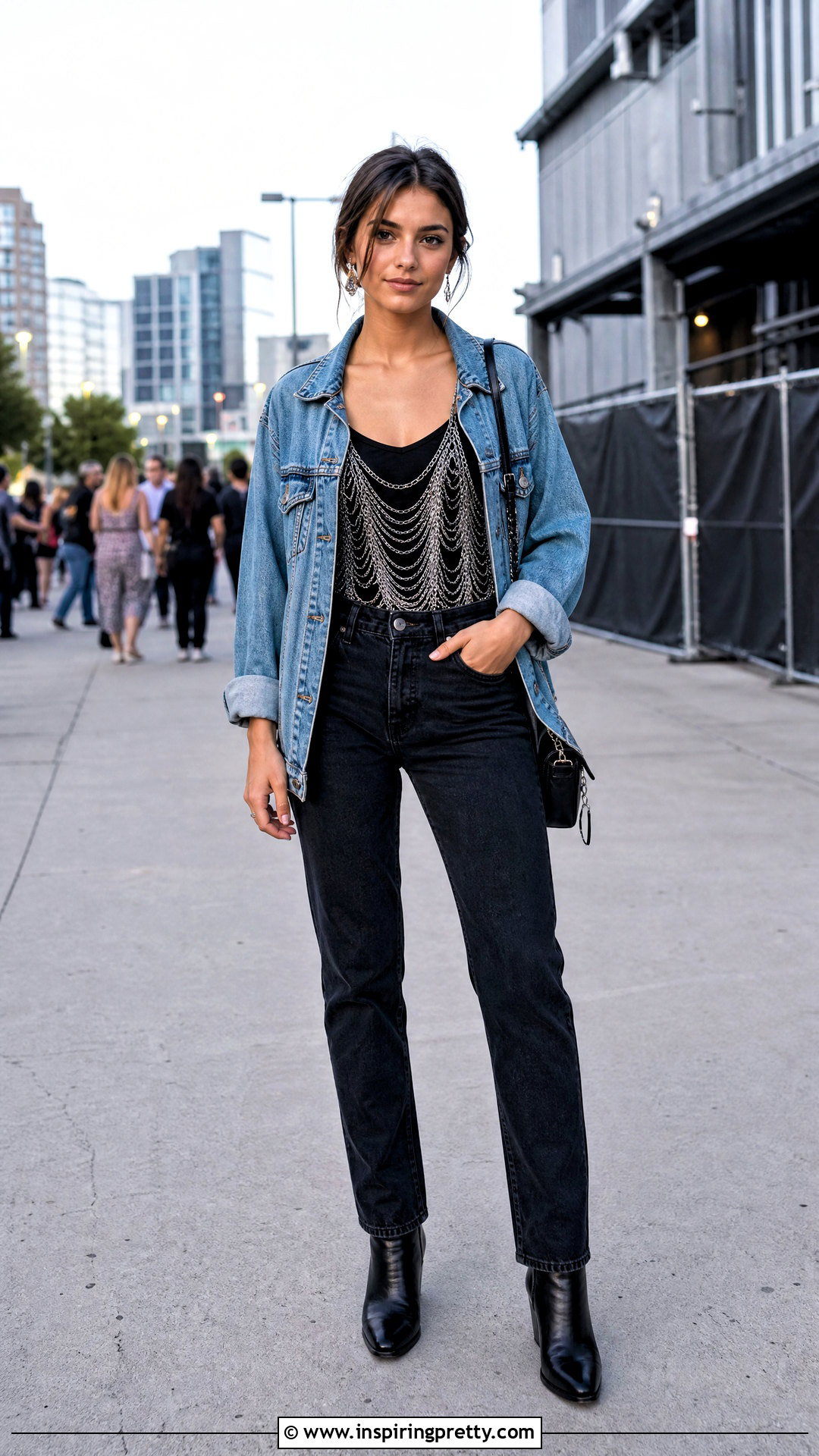 Chain Top With Denim Jacket And Black Jeans - 50 chain top outfit ideas