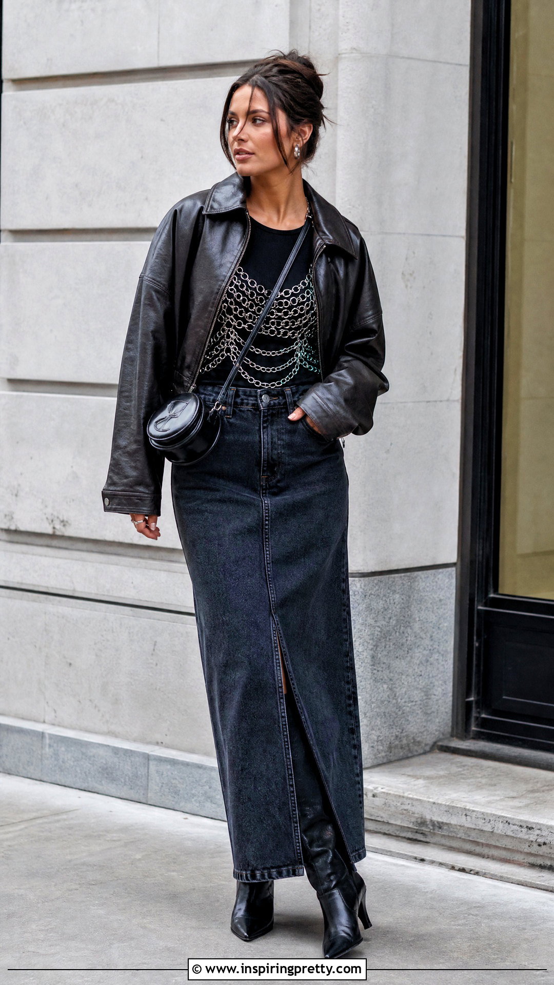 Chain Top With Denim Maxi Skirt - 50 chain top outfit ideas