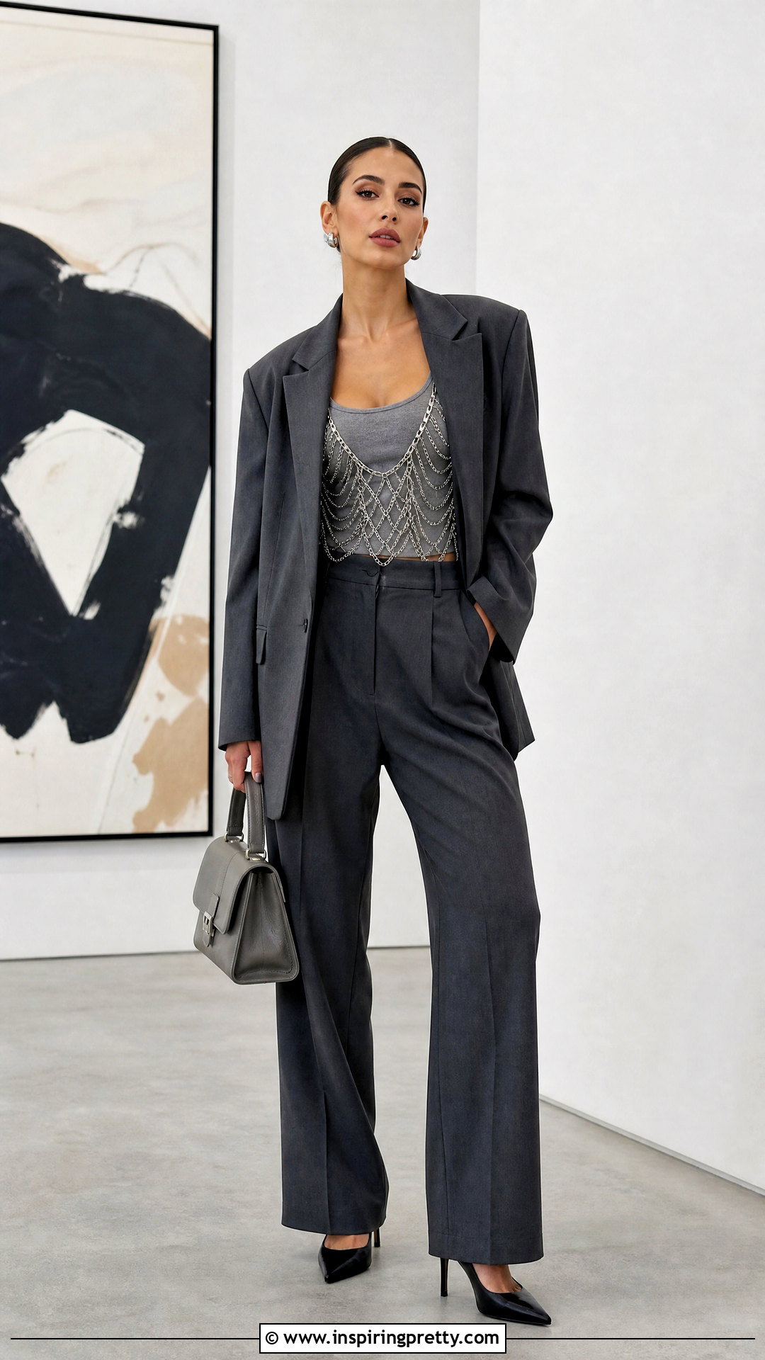 Chain Top With Gray Suit - 50 chain top outfit ideas
