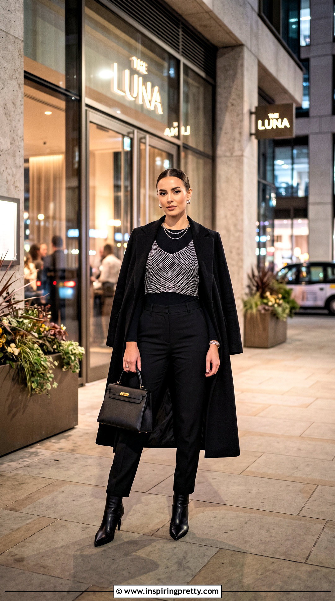 Chain Top With Long Black Coat - 50 chain top outfit ideas