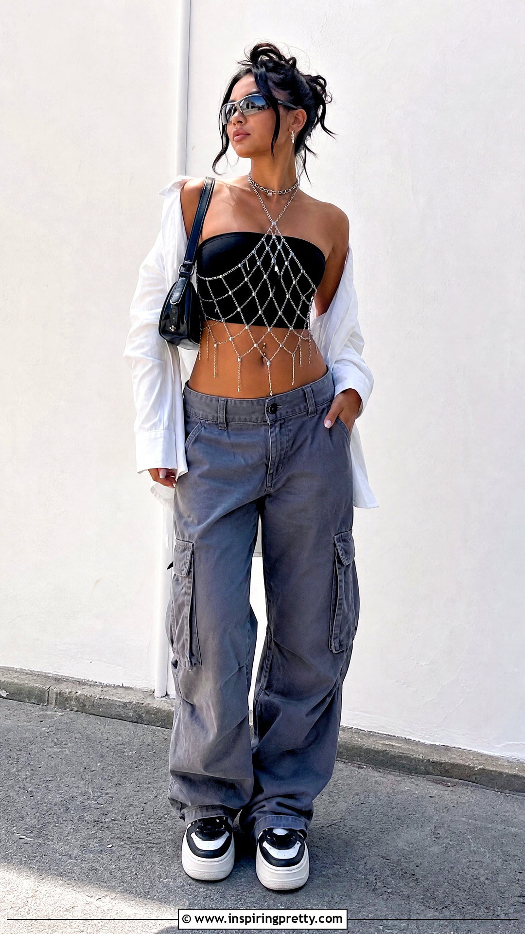 Chain Top With Low Rise Cargo Pants - 50 chain top outfit ideas