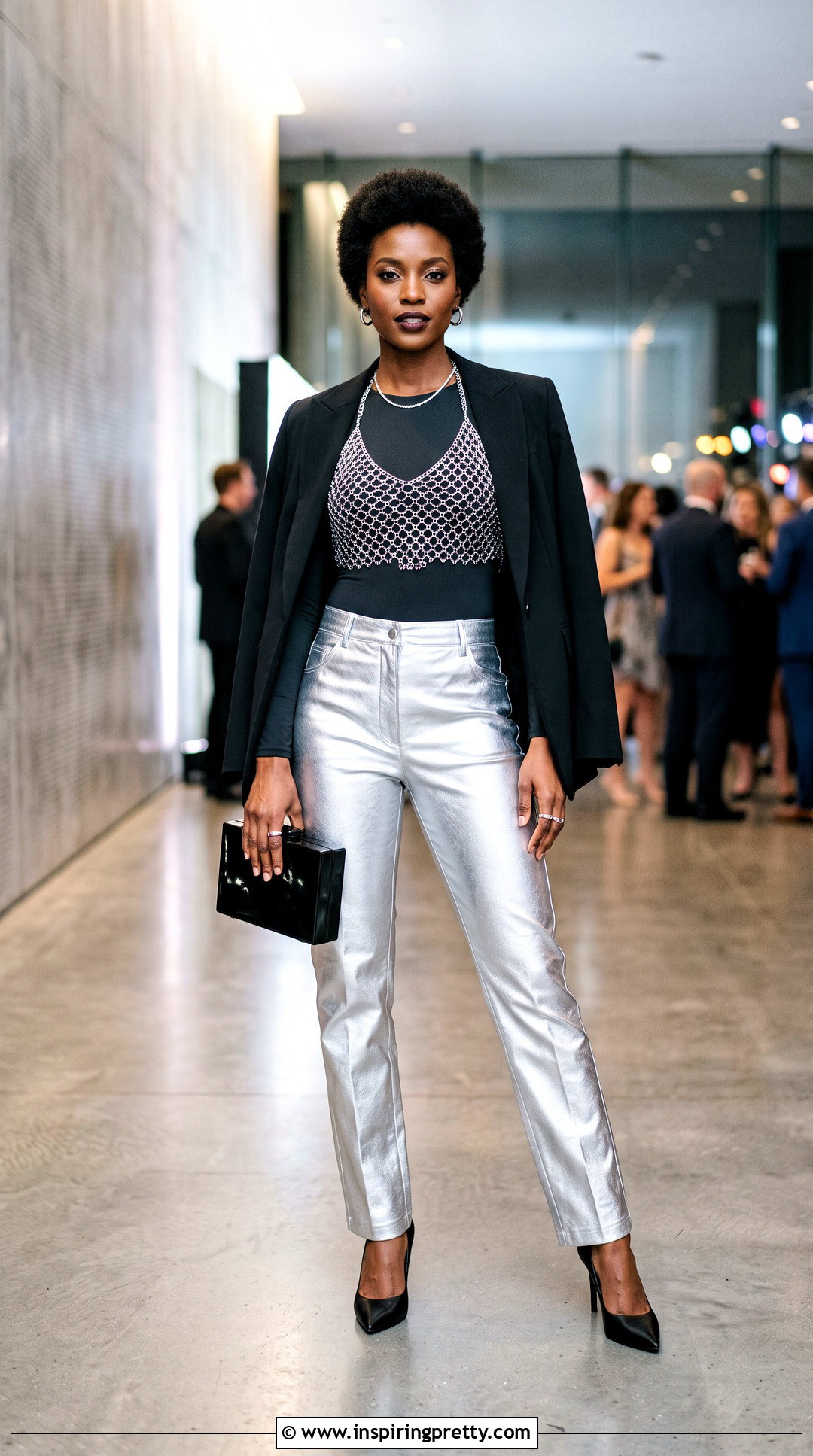 Chain Top With Metallic Silver Pants - 50 chain top outfit ideas