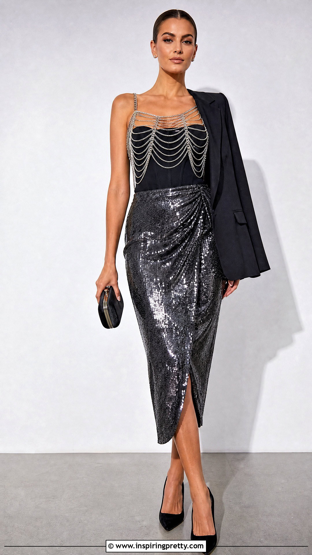 Chain Top With Sequin Midi Skirt - 50 chain top outfit ideas